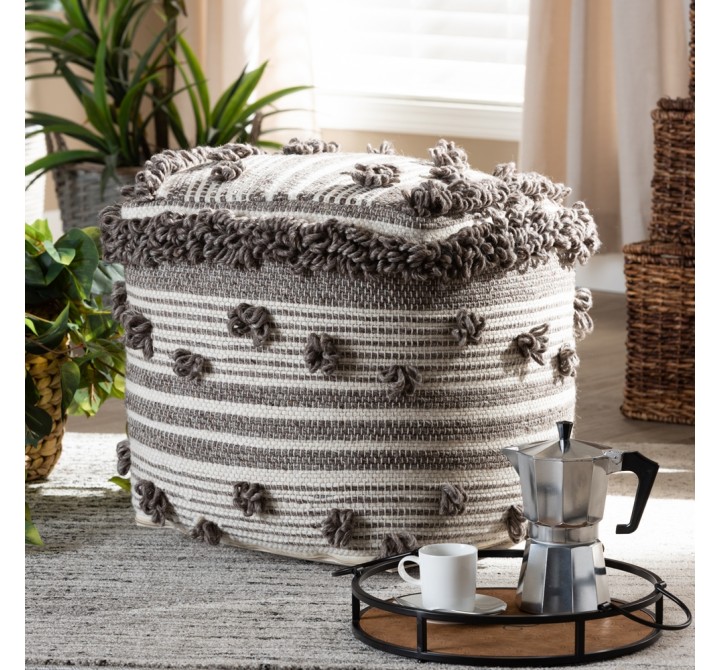 Baxton Studio Eligah Moroccan Inspired Ivory and Brown Handwoven Wool Pouf Ottoman - Lifestyle