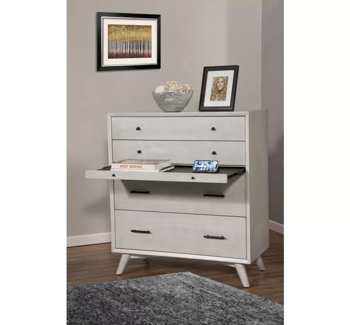 Alpine Furniture Flynn Mid Century Modern 4 Drawer Multifunction Chest w/Pull Out Tray, Grey - Lifestyle