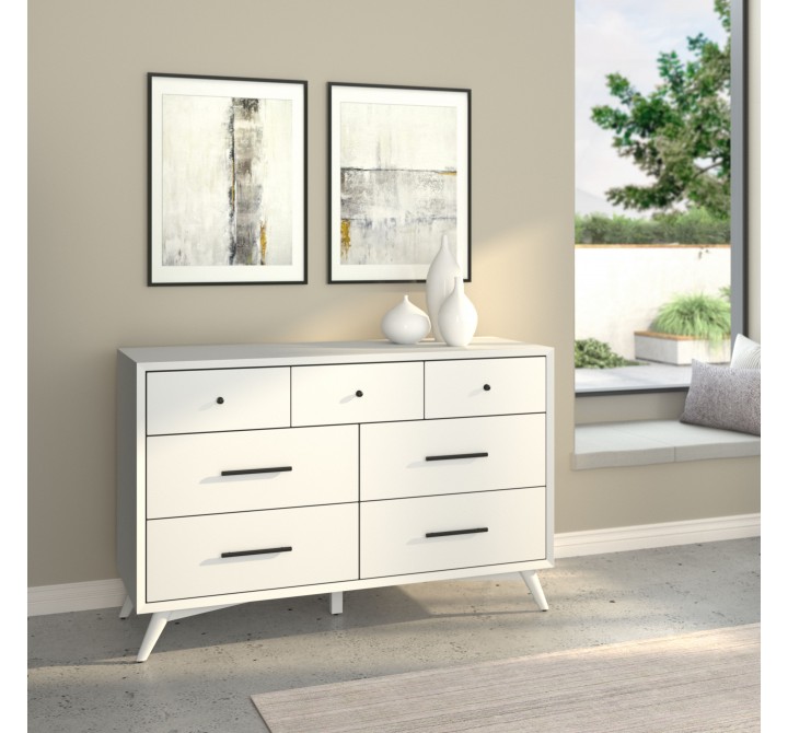 Alpine Furniture Flynn Mid Century Modern 7 Drawer Dresser, White - Lifestyle