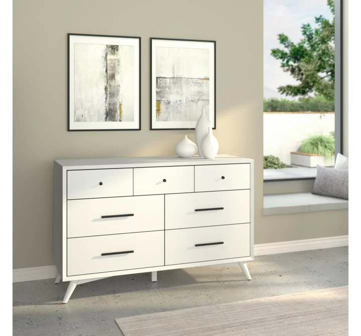 Alpine Furniture Flynn Mid Century Modern 7 Drawer Dresser, White - Lifestyle
