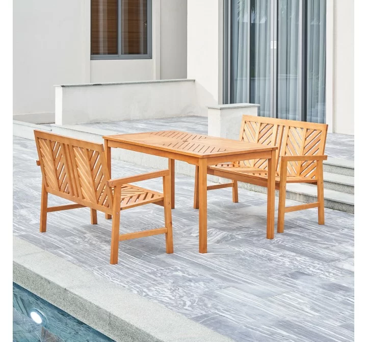 Vifah Olina Honey 3-Piece Fish Bone Eucalyptus Wooden Outdoor Dining Set, Side Angle