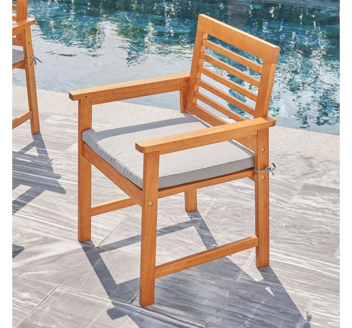 Vifah Waimea Honey Slatted Patio Eucalyptus Wood Dining Armchair with Cushion, Side Angle