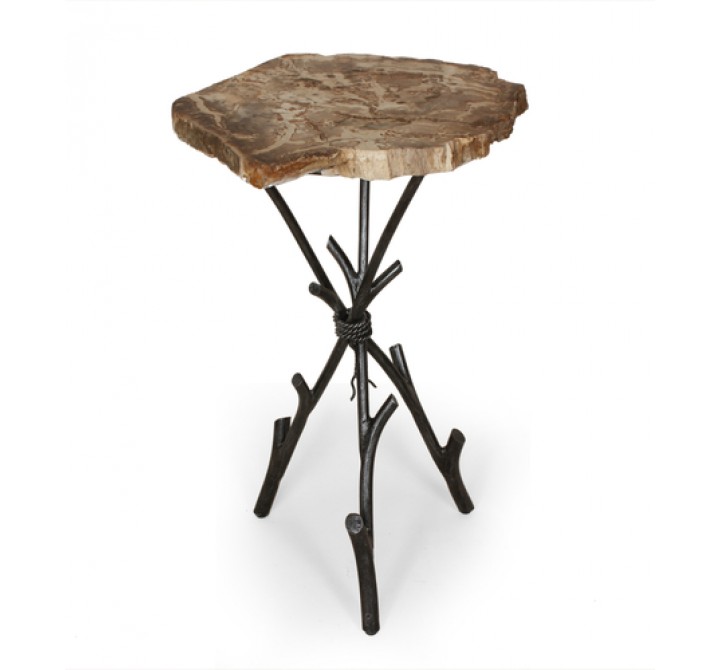 Stilnovo Good Form Petrified Wood Smoking Table with Tripod Base with Hand-forged Steel Rope Binding
