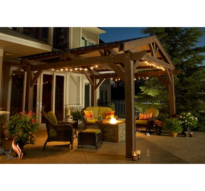 LODGE II - 14' x 14' Douglas Fir Lodge Structure in Mocha Finish  LIfestyle  1 - with Optional Metal Roof