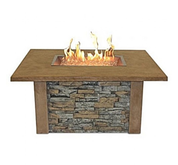 Outdoor Greatroom Company Sierra Firepit Table with Ledgestone and Supercast Top in Mocha Finish - Lifestyle