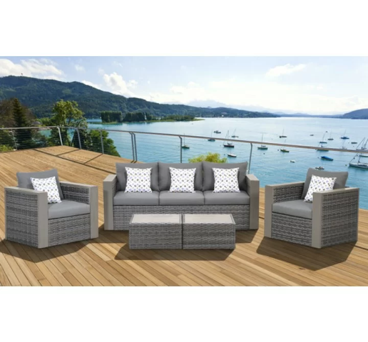 International Home Miami Atlantic Mustang 5 Piece Wicker Patio Conversation Set Grey with Grey Cushions