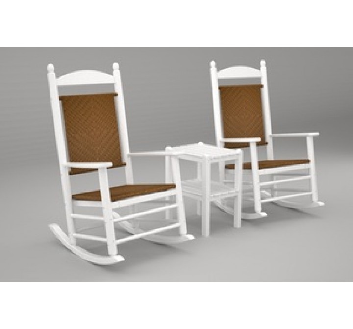 Poly-Wood Jefferson 3-Pc. Woven Rocker Set in White Frame / Tigerwood