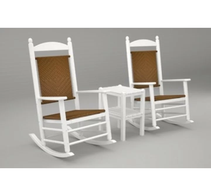 Poly-Wood Jefferson 3-Pc. Woven Rocker Set in White Frame / Tigerwood