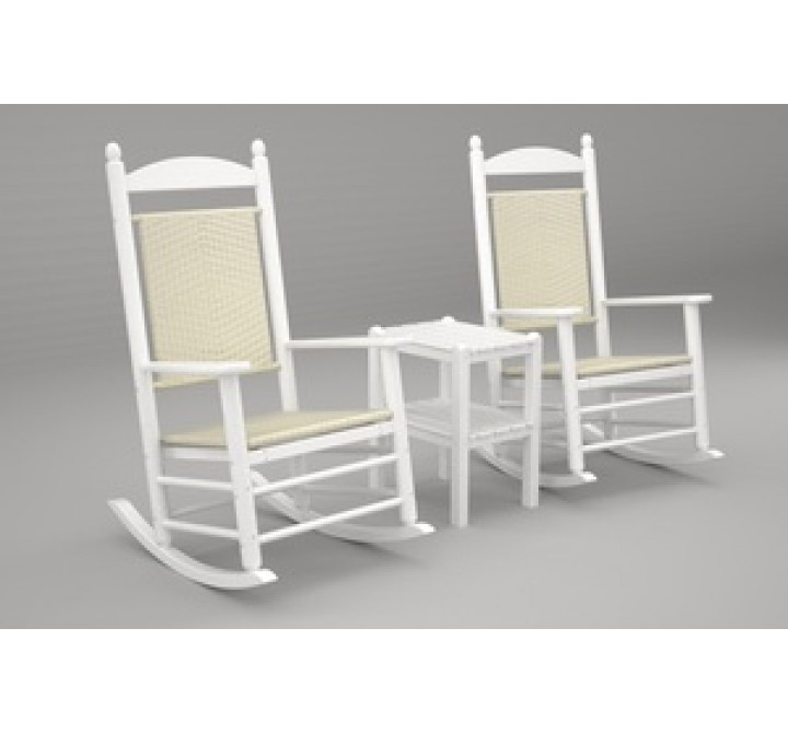Poly-Wood Jefferson 3-Pc. Woven Rocker Set in White Frame / White Loom