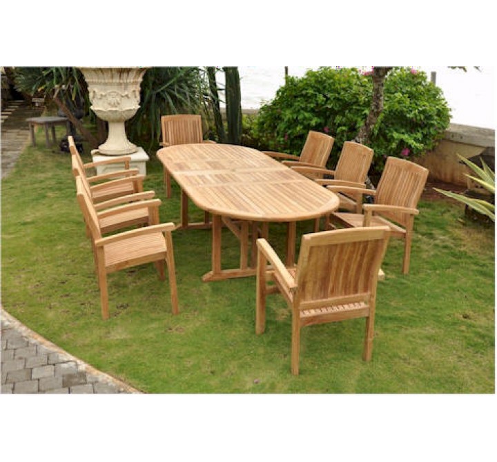 Anderson Teak Sahara 9-Piece Stackable Armchair and Oval Double Extension Outdoor Dining Set with Quick Ship Cushions