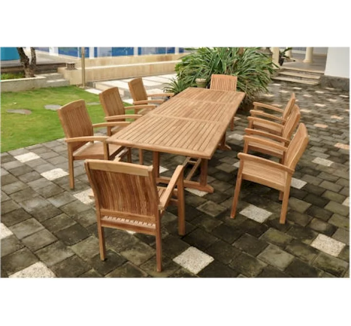 Anderson Teak Sahara 9-Piece Stackable Armchair and Bahama 118" Rectangular Extension Outdoor Dining Set 1