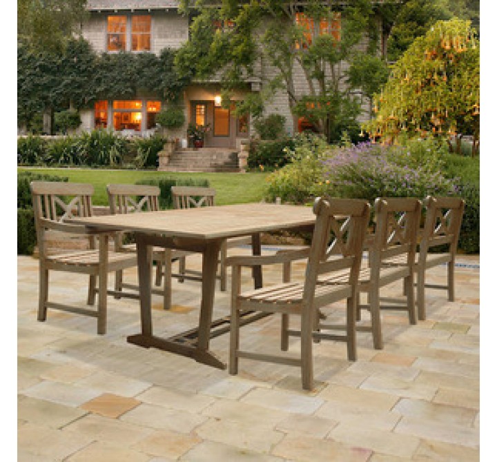 Vifah Modern Patio Renaissance Rectangular Extension Table and Armchair Outdoor Hand-scraped Hardwood Dining Set