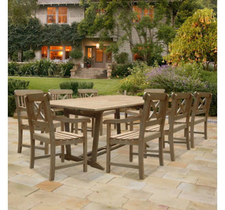 Vifah Modern Patio Renaissance Rectangular Extension Table and Armchair Outdoor Hand-scraped Hardwood Dining Set