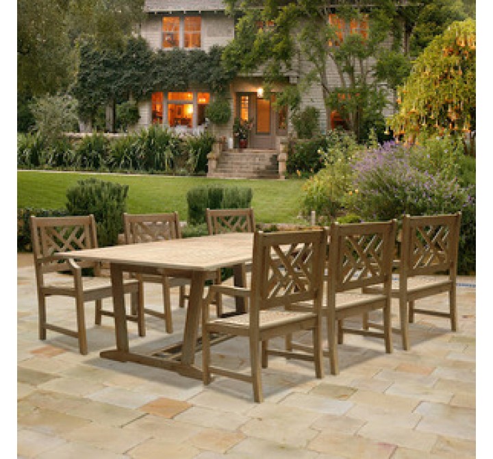 Vifah Modern Patio Renaissance Rectangular Extension Table and Armchair Outdoor Hand-scraped Hardwood Dining Set