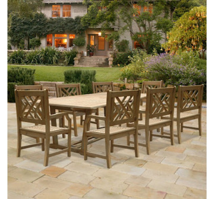 Vifah Modern Patio Renaissance Rectangular Extension Table and Armchair Outdoor Hand-scraped Hardwood Dining Set