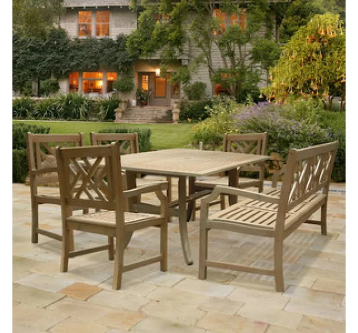 Vifah Modern Patio Renaissance Rectangular Table and Armchair Outdoor Hand-scraped Hardwood Dining Set
