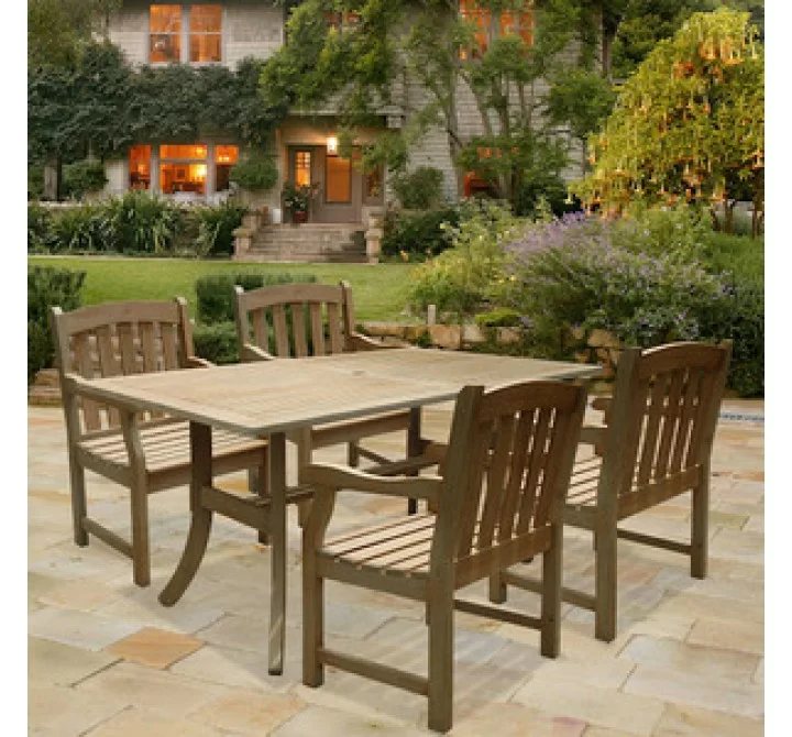 Vifah Modern Patio Renaissance Rectangular Table and Armchair Outdoor Hand-scraped Hardwood Dining Set