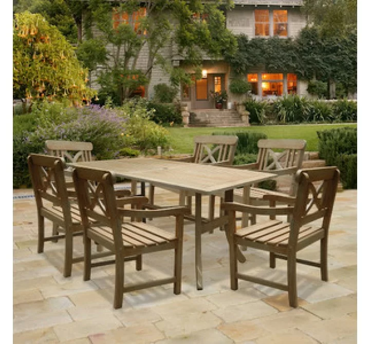Vifah Modern Patio Renaissance Rectangular Table and Armchair Outdoor Hand-scraped Hardwood Dining Set