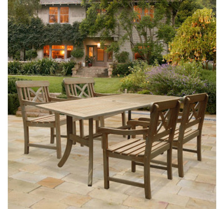 Vifah Modern Patio Renaissance Rectangular Table and Armchair Outdoor Hand-scraped Hardwood Dining Set