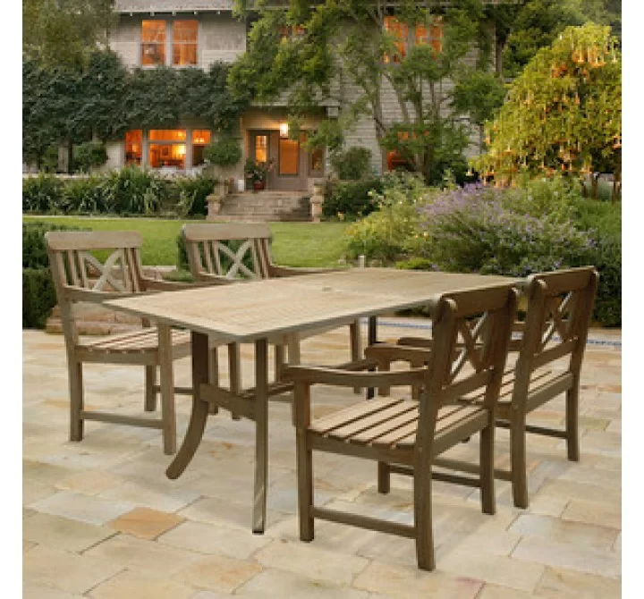 Vifah Modern Patio Renaissance Rectangular Table and Armchair Outdoor Hand-scraped Hardwood Dining Set