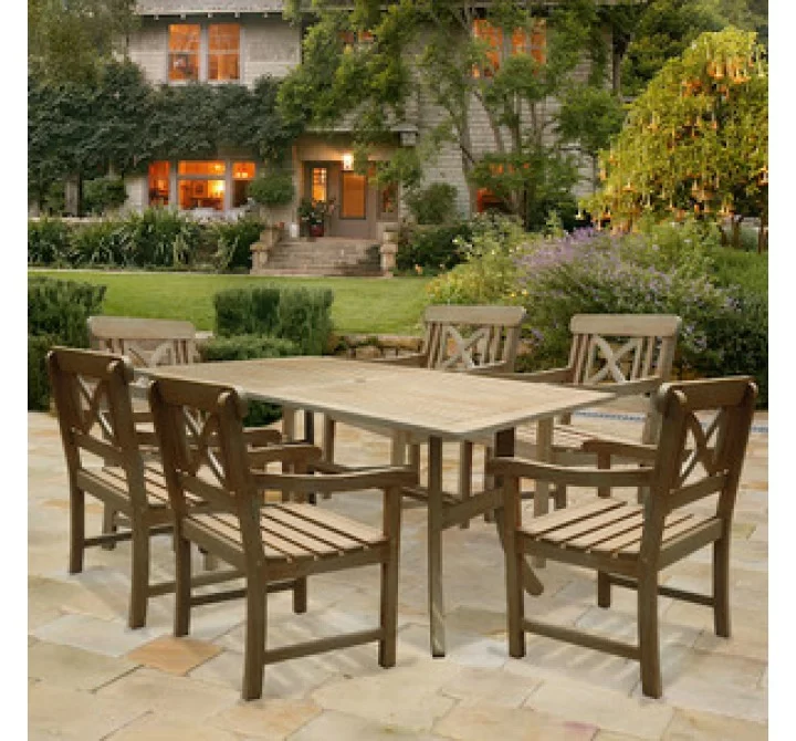 Vifah Modern Patio Renaissance Rectangular Table and Armchair Outdoor Hand-scraped Hardwood Dining Set