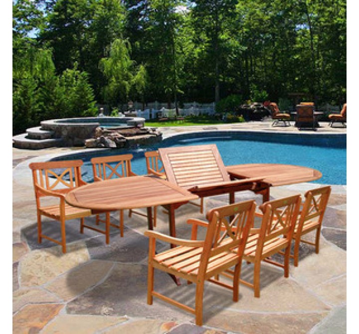 Vifah Oval Extension Table & Wood Armchair Outdoor Dining Set