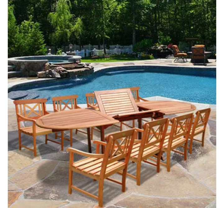 Vifah Oval Extension Table & Wood Armchair Outdoor Dining Set