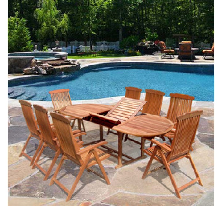 Vifah Oval Extension Table & Wood Folding Armchair Outdoor Dining Set