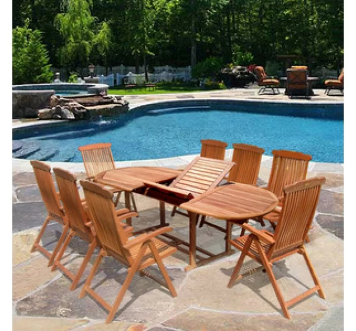 Vifah Oval Extension Table & Wood Folding Armchair Outdoor Dining Set
