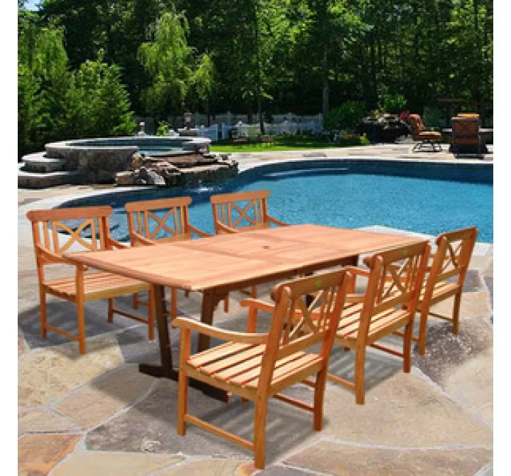 Vifah Rectangular Extension Table & Wood Armchair Outdoor Dining Set