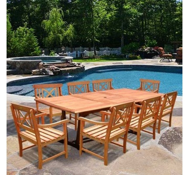 Vifah Rectangular Extension Table & Wood Armchair Outdoor Dining Set