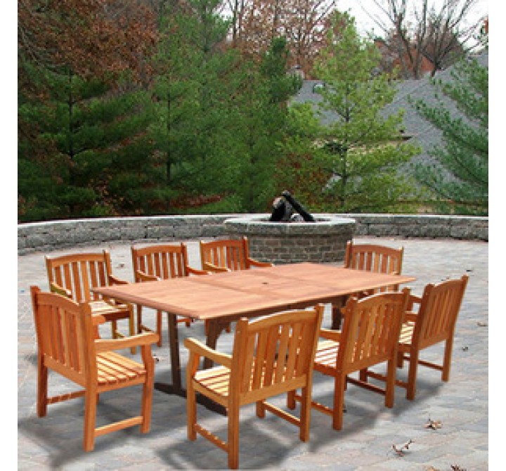 Vifah Rectangular Extension Table & Wood Armchair Outdoor Dining Set