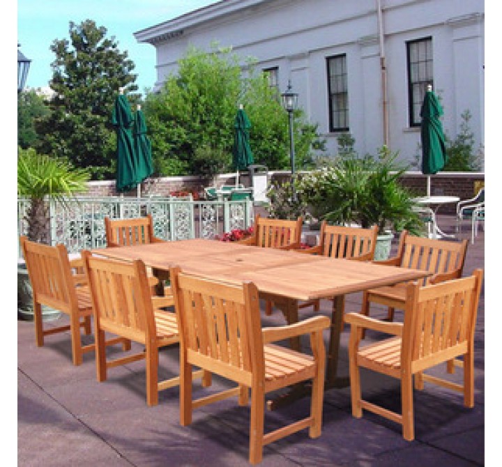 Vifah Rectangular Extension Table & Wood Armchair Outdoor Dining Set
