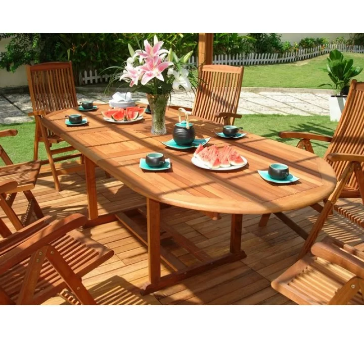 Vifah Modern Patio 9-Piece English Garden Dining Set with Oval Extension Table and 8 Eucalyptus Wood Dining Chairs
