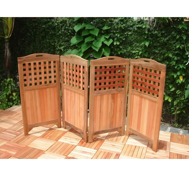 Vifah Modern Patio 48" Outdoor Wood Privacy Screen with 4 Panels in Teak Finish