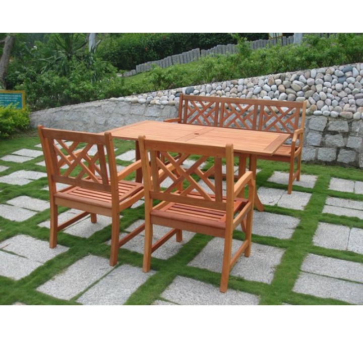 Vifah Modern Patio Outdoor Eucalyptus Wood Dining Set with Design Back Bench 2 Chairs and Patio Dining Table