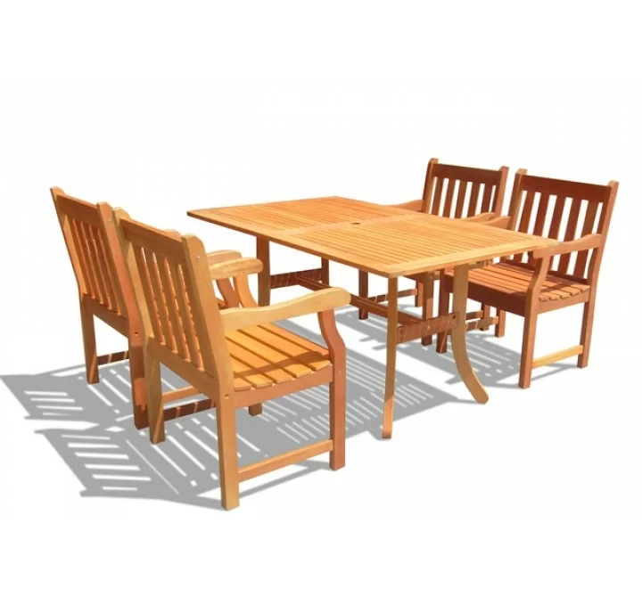 Vifah Modern Patio Eucalyptus Wood Outdoor Rectangular Curvy Dining Set and 4 Dining Chairs