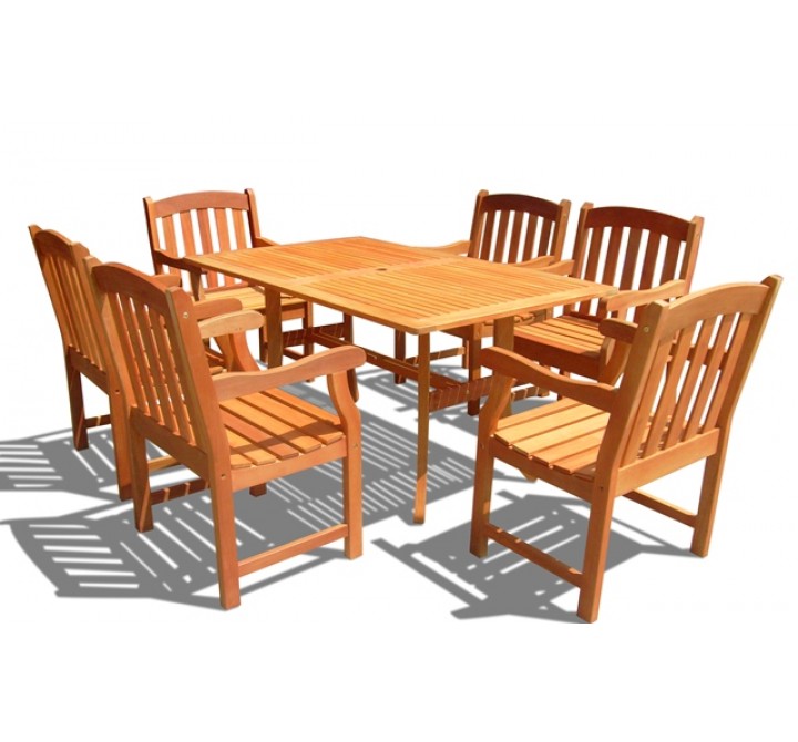 Vifah Modern Patio Eucalyptus Wood Outdoor Rectangular Curvy Dining Set with 6 Slatted Back Dining Chairs with Curved Top and Patio Table