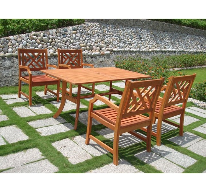 Vifah Modern Patio 5-Piece Outdoor Eucalyptus Wood Dining Set with Design Back Chairs and Patio Dining Table