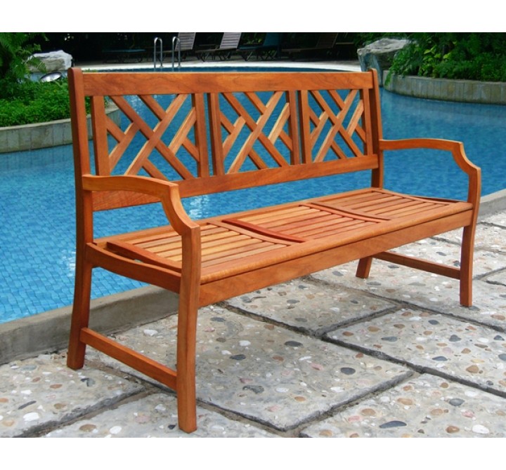 Vifah Modern Patio Outdoor Eucalyptus Wood Bench with Design Back