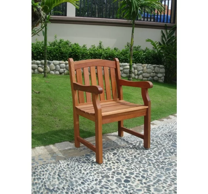 Vifah Modern Patio Outdoor Eucalyptus Wood Arm Chair with Slatted Back and Curved top