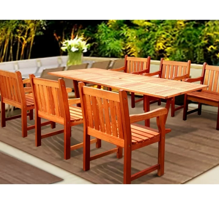 Vifah Modern Patio 7-Piece English Garden Eucalyptus Wood Dining Set with Rectangular Extension Table and 6 Dining Chairs