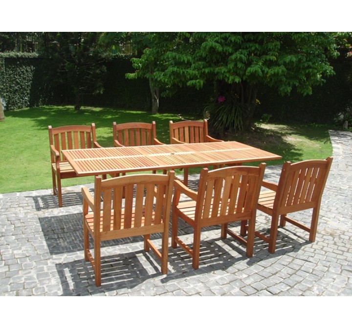 Vifah Modern Patio 7-Piece English Garden Eucalyptus Dining Set with Rectangular Extension Table and 6 Curved Top Dining Chairs