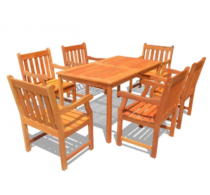 Vifah Modern Patio Outdoor Wood English Garden Dining Set with 6 Slatted Back Chairs and Dining Table