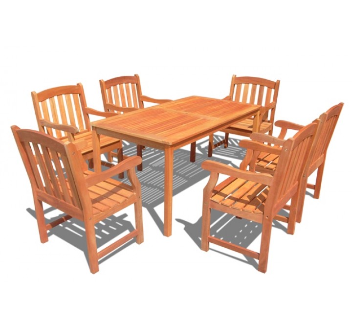 Vifah Modern Patio Outdoor Wood English Garden Dining Set with 6 Curved Top Slatted Back Dining Chairs and Table