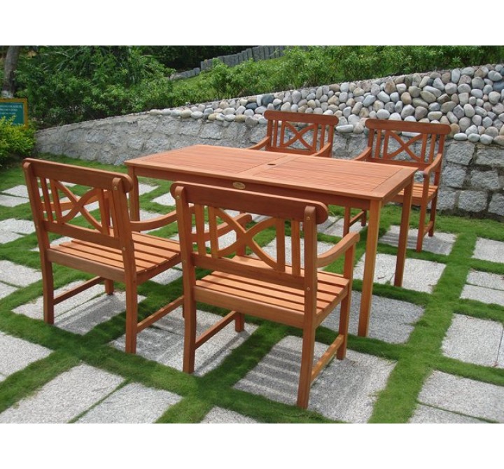 Vifah Modern Patio 5-Piece Outdoor Eucalyptus Wood Dining Set with Criss Cross Arm Chairs and Dining Table