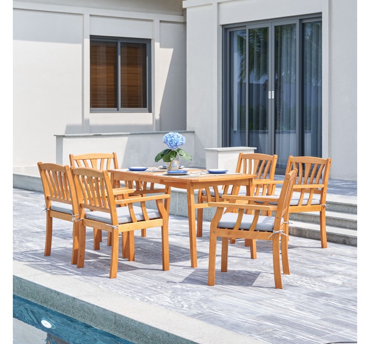 Vifah Kapalua Honey Nautical 7-Piece Wooden Outdoor Dining Set, Front Angle