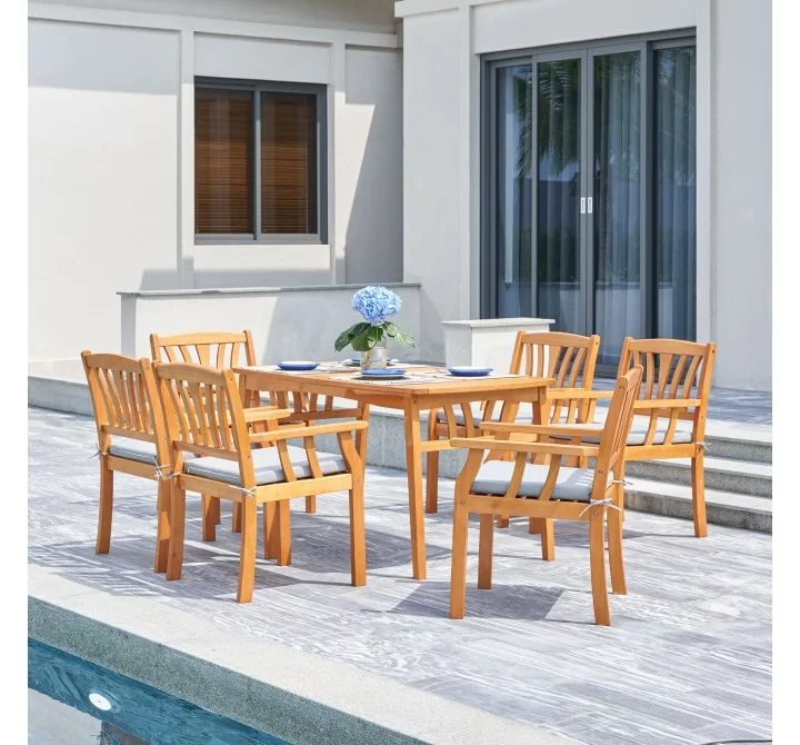 Vifah Kapalua Honey Nautical 7-Piece Wooden Outdoor Dining Set, Front Angle