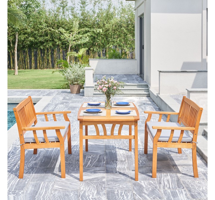 Vifah Kapalua Honey Nautical 3-Piece Wooden Outdoor Dining Set with 2 Benches, Front Angle