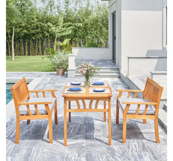 Vifah Kapalua Honey Nautical 3-Piece Wooden Outdoor Dining Set with 2 Benches, Front Angle
